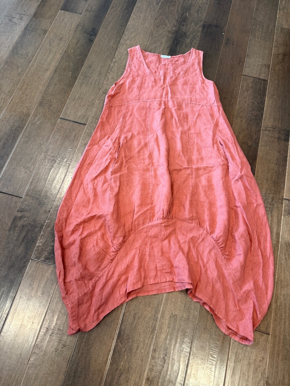 100% Linen Coral Square Neck Asymmetrical Cut Hem Dress